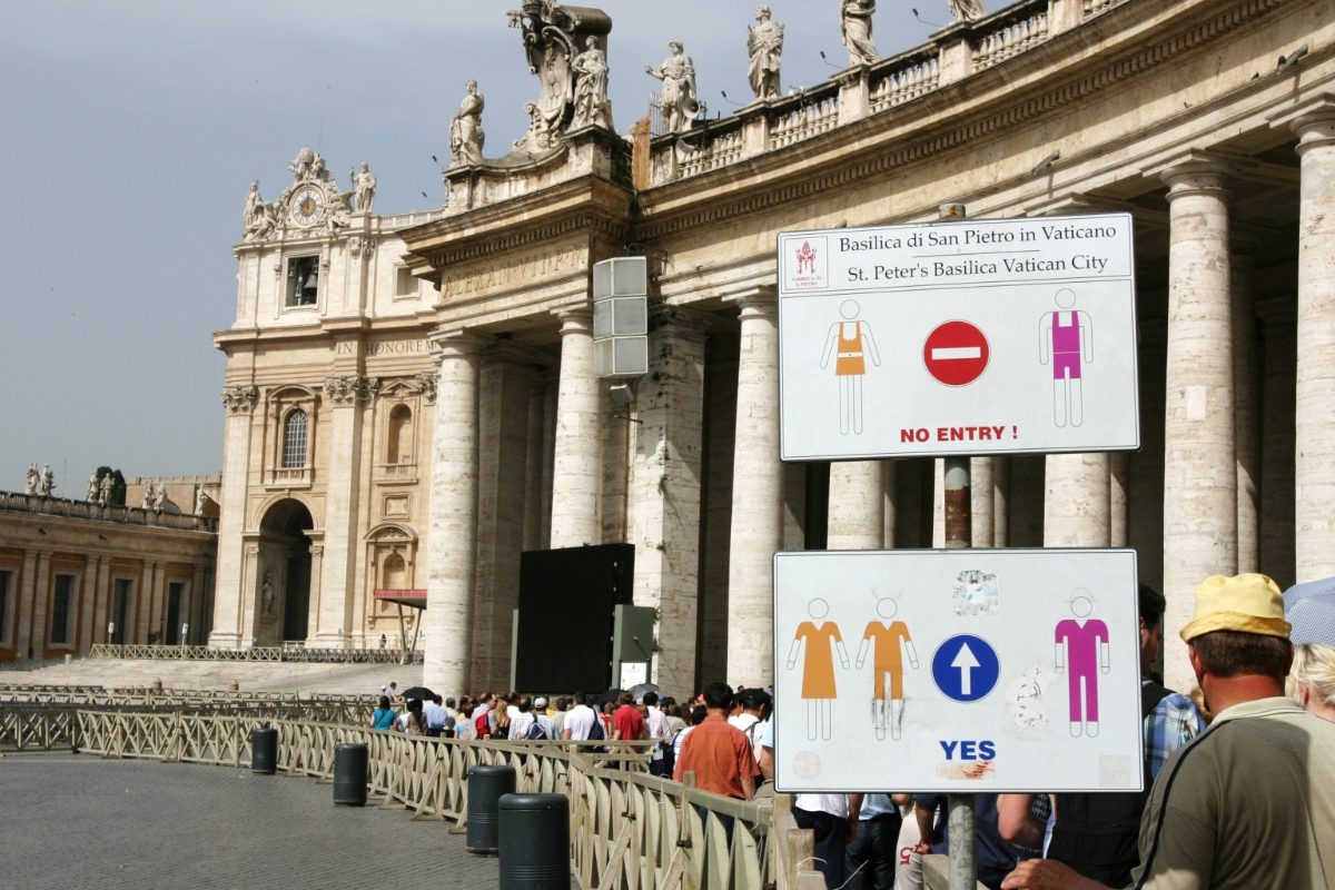 Vatican Dress Code on a sign at for tourists in front of St. Peter's Church in Rome