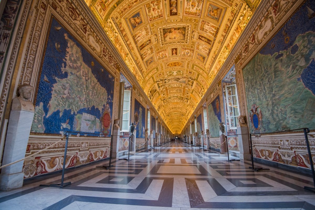 Interior and architectural details of the gallery of Vatican Museum in Vatican, Italy