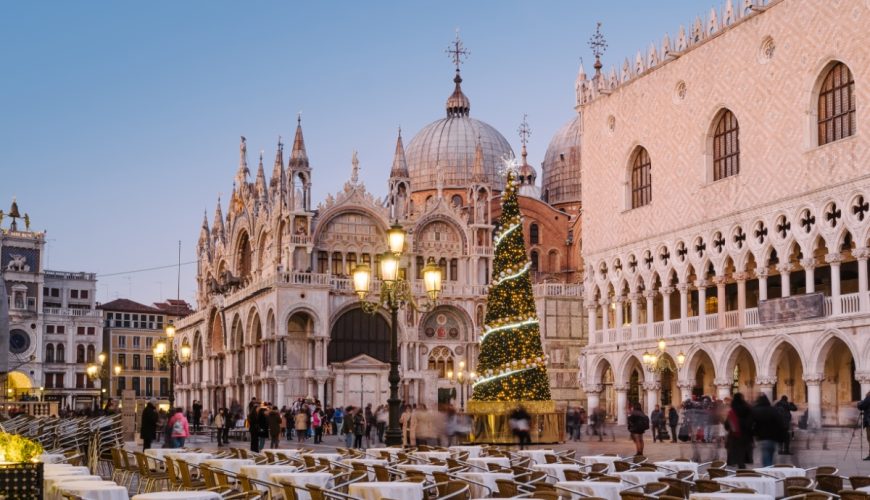 Christmas tree with lights and decorations at the San Marco square in Venice, Italy