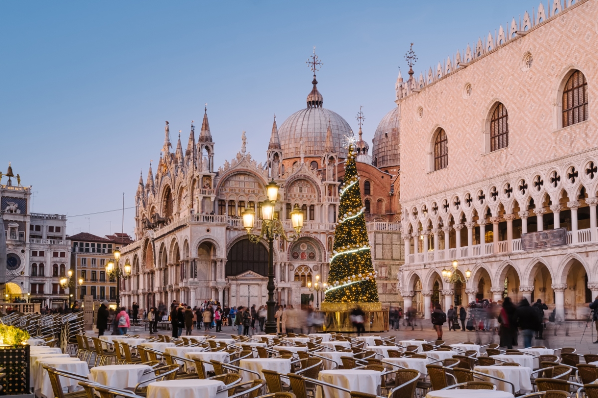 Christmas tree with lights and decorations at the San Marco square in Venice, Italy