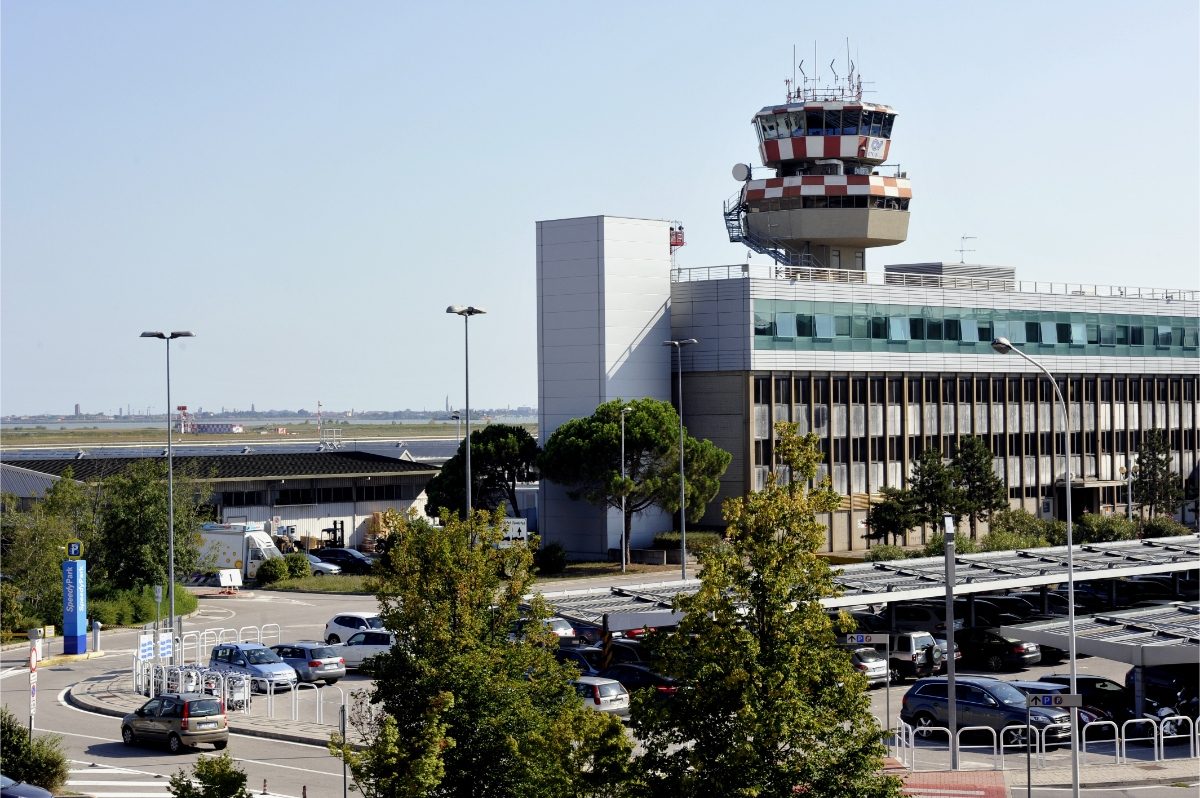 Exterior and the control tower of the Venice Marco Polo Airport in Venice, Italy