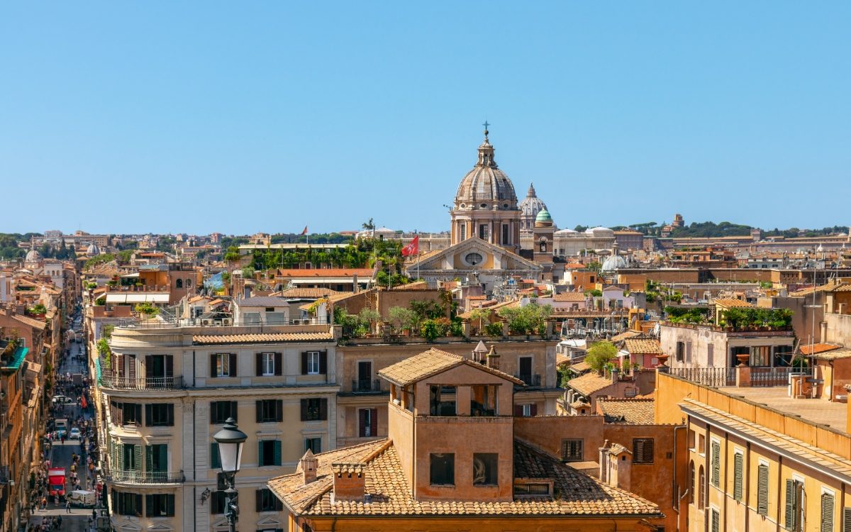 Panoramic view of the establishments and the Via Condotti in Rome City, Italy 