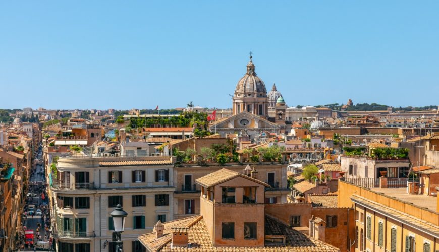 Panoramic view of the establishments and the Via Condotti in Rome City, Italy