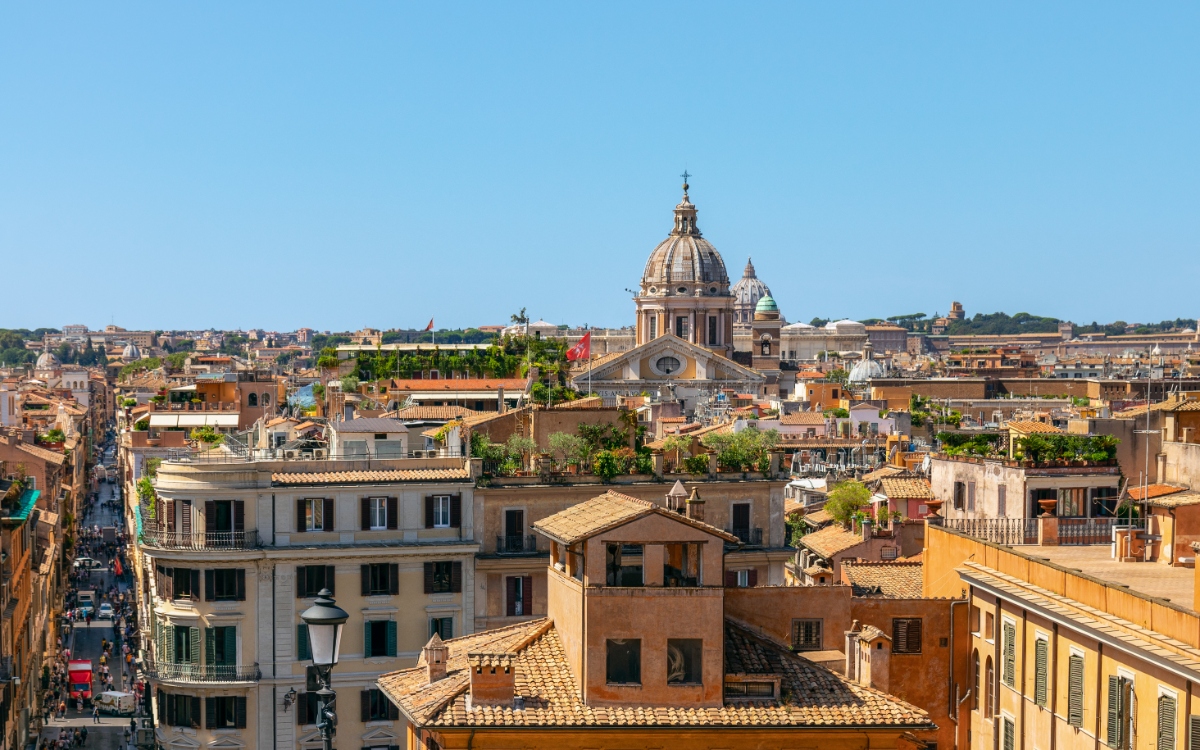 Panoramic view of the establishments and the Via Condotti in Rome City, Italy