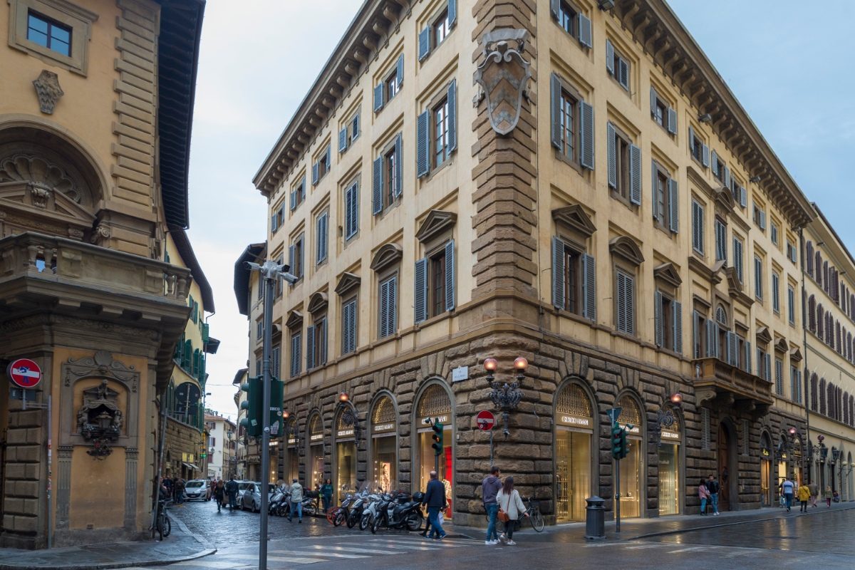 Luxury boutiques along the Via de Tornabuoni street in Florence, Italy