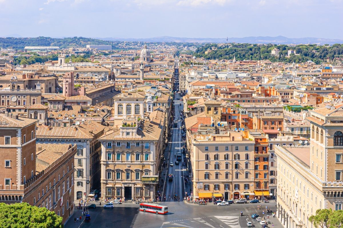 Arial view of the Via del Corso and architectures in Rome, Italy