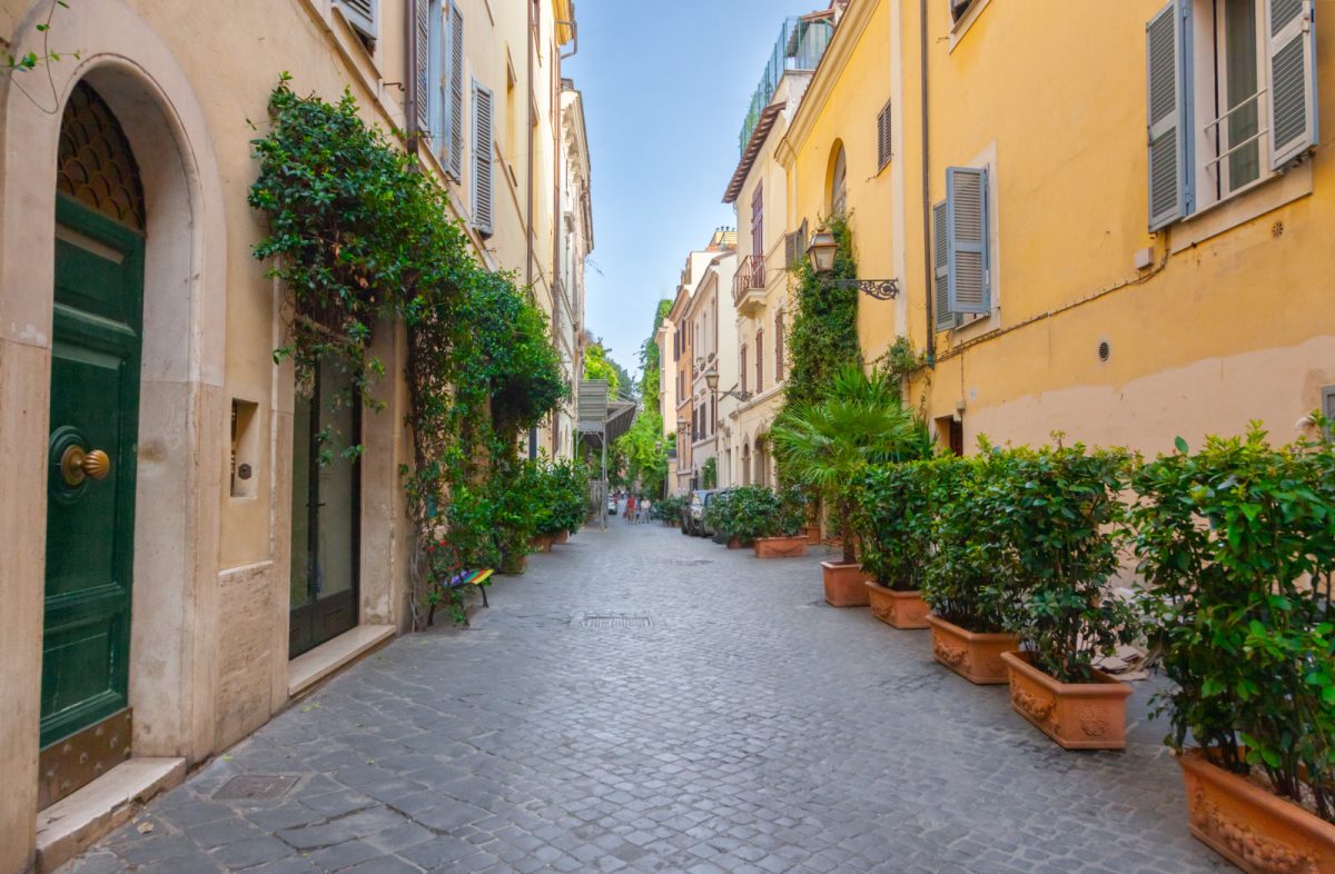 Row of plants and houses on the street of Via Margutta in Rome, Italy