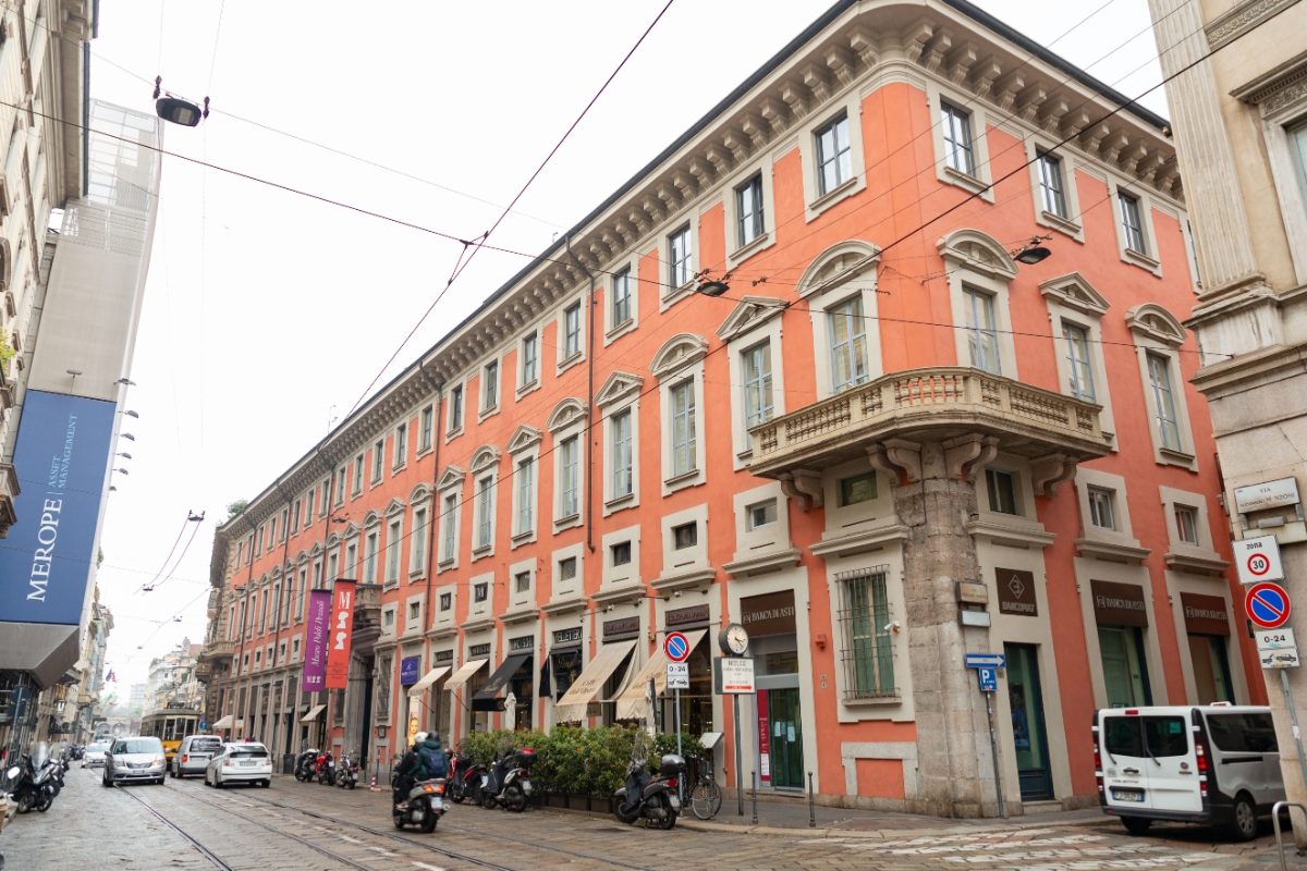 Panoramic view of the establishment and the street of Via Montenapoleone shopping district in Milan, Italy