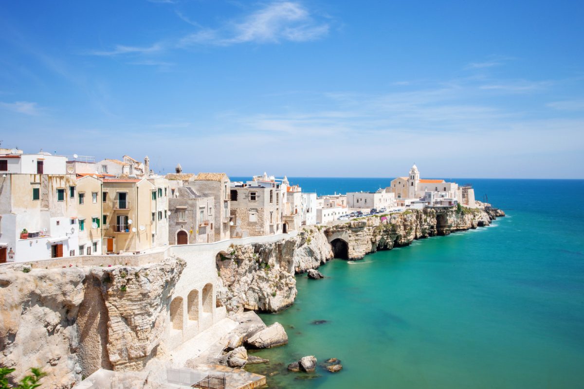 Panoramic view of beautiful houses of Vieste town at Gargano in Puglia, Italy