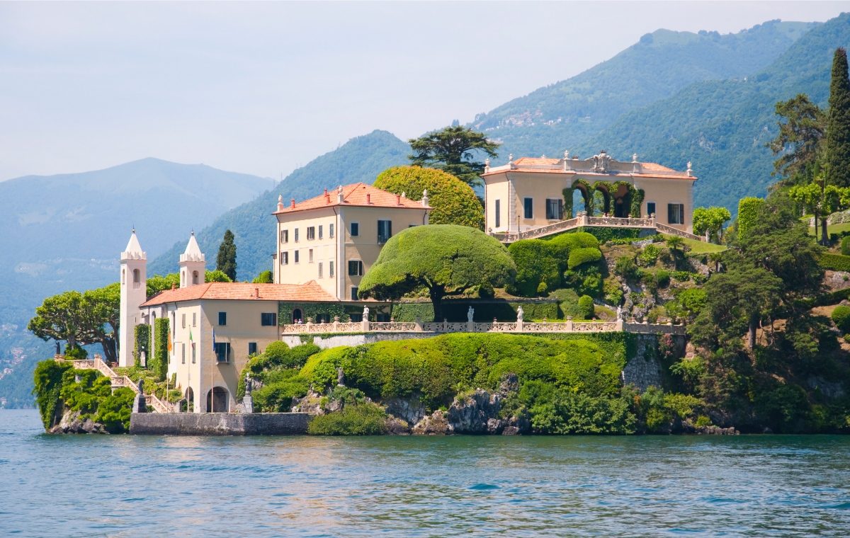 Panoramic view of Villa del Balbianello in Lake Como, Italy