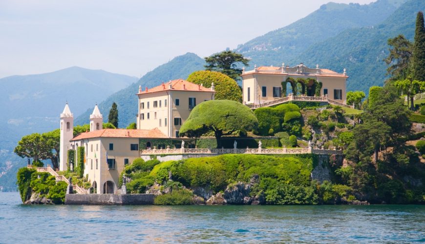 Panoramic view of Villa del Balbianello in Lake Como, Italy