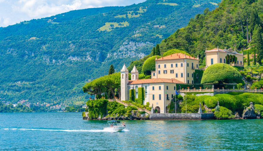 Exterior and architecture of Villa Del Balbianello and Lake Como View in Italy