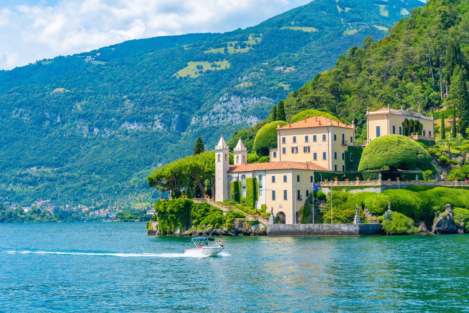 Exterior and architecture of Villa Del Balbianello and Lake Como View in Italy