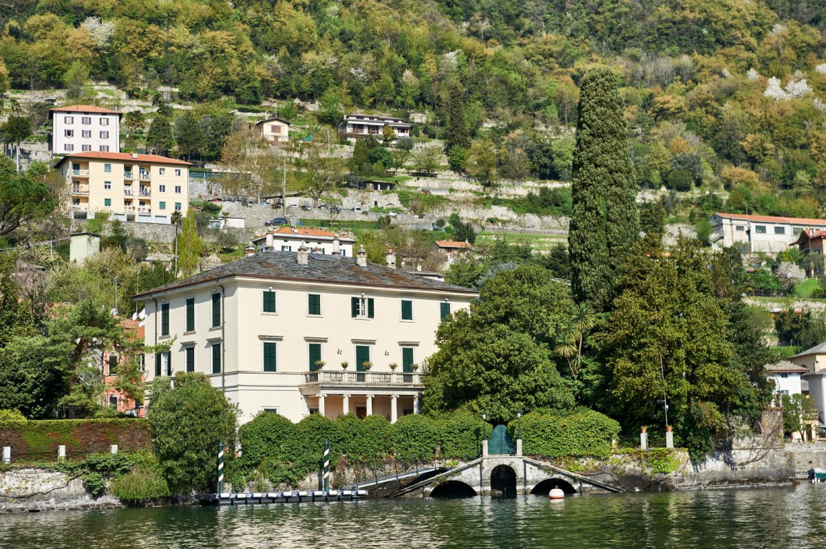 The building exterior and architecture of Villa Oleandra in Laglio Village on Lake Como in Italy