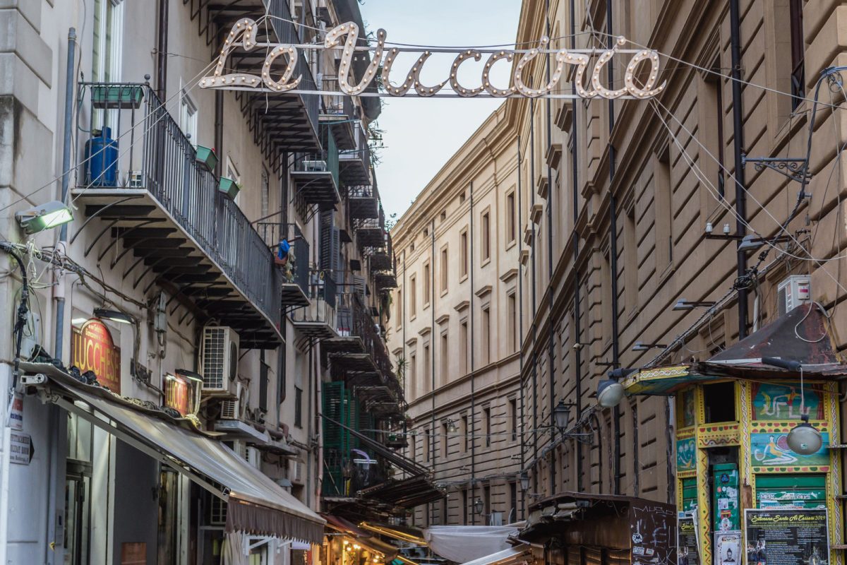 Vucciria Market sign, entrance, and street in Palermo, Italy